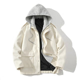 Men's Autumn New White Bottom Fake Two Piece Hooded Thickened Wool Coat Jacket
