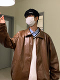 Foesce Handsome PU Leather Jacket Men's Trend High Street Autumn and Winter Loose All-match Teen Solid Lapel Leather Coat Men