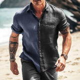 Foesce-Spring Summer Casual Loose Shirt Men Clothes Vintage Patchwork Contrast Buttoned Lapel Shirts Mens Daily Short Sleeve Tops