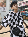 Men Short-slleve Shirt Men's Loose Vintage Black White Plaid T-shirt Student Japan Korean Summer Hip-hop Street Vitality Tops