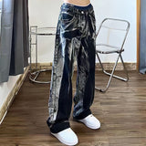 Baggy Black Jeans Women Tie Dye Washed Straight Wide Leg Pants High Waist Goth Vintage Streetwear Denim Casual Hippie Trousers