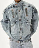 Foesce New Vintage Denim Jackets Men Slim Solid Casual Jean Coat Fashion Stand Collar Moto Biker High Street Tide Outwears