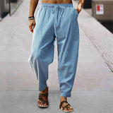 Casual Loose Solid Color Cotton Linen Long Pant Mens Spring Summer Leisure Drawstring Beach Pants Men's Fashion Simple Trousers