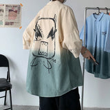 Foesce -Funny Monster Men's Shirt Short Sleeve Casual Blouses Gradients Loose Turndown Collar Male Tops Summer New Cardigan
