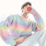 Korean Fashion High Quality Gradient Tie-dye Loose Rainbow Sweater Men Autumn New Casual Loose Striped Harajuku Sweater