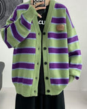 Foesce -Men's Cardigan V-neck Sweaters Autumn Winter Contrast Color Stripe Sweaters Male Knitted Coat Single Breasted