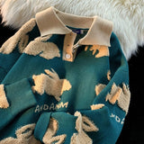 Embroidery Animal Rabbit Sweater Preppy POLO Collar Shirt Pullover Thicken Winter Y2K Tops Harajuku Red Green Kawaii Clothes