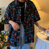 Foesce Rose full print vintage shirt shirt women men summer rich young master short sleeve button up shirt Korean streetwear summer ins