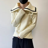 Darkwear Large Lapel Pullovers Men's Loose Versatile Thickening Contrast Color Long Sleeve Knitting Sweater