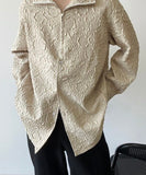 Autumn Embossed Men's Shirt Stand Collar Long Sleeve Zipper New Fashion Turn-down Collar Solid Color Male Tops