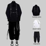 Foesce Techwear Pant Sets Men Punk 3 piece outfits Black Cargo Pants Long Sleeve Shirts Korean Streetwear Hip Hop Spring