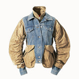Loose Fit Green Denim Big Size Pleated Jacket New Lapel Long Sleeve Women Coat Fashion Tide Spring Autumn