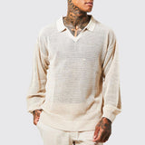 Fashion Solid Hollow Knitted Polo Shirts Men Autumn Casual Turn-down Collar Long Sleeve Pullovers For Mens Streetwear Tops