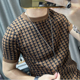 Spring Short Sleeve Sweater T-shirt Men Plaid Knitted Thickened Sweater Tshirt Streetwear High Quality Men Tee Shirt Homme