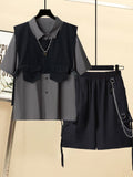 Gothic Men Suits Cargo Vest + Shirt + Shirts 3 Pieces Set Summer Clothes Punk Preppy Streetwear Casual Outfit Men Fashion Trend