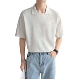 Foesce New Waffle Polo Shirt Men Short Sleeved Summer Solid Color Ice Silk Lapel Casual Loose Harajuku Top Korean Fashion Clothing