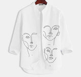Men Shirt Printed Stand Collar 3/4 Sleeve Streetwear Casual Shirts Button Stylish Leisure Camisa Masculina S-3XL