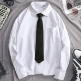 Foesce -2 Men's White Shirts with Tie Set DK Uniform Long-sleeved Blouses Japanese Korean Loose Couple Class Clothing Add Velvet