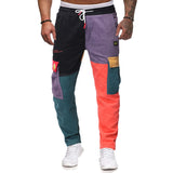 Spring Summer Fashion Patchwork Trousers Men Casual Loose Drawstring Tie-up Pants Vintage Contrast Color Block Cargo Long Pant