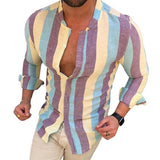 Foesce New Male Long Sleeve Mens Shirts Spring Autumn Striped Slim Fit Stand Collar Shirt Male Clothes Casual Male Shirt Tops