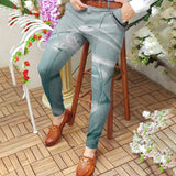 Foesce Pencil Pants Casual Mens Slim Mid Waist Buttoned Straight Trousers Streetwear Spring Summer Fashion Digital Printing Long Pant