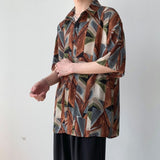 Korean Clothes Flower Shirts for Men Fashion Retro Maple Leaf Short Sleeve Chiffon Beach Hawaiian Casual Floral Print Shirt