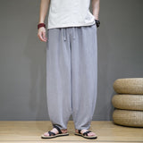 Men Pants Cotton and Linen Summer Solid Loose Sports Wide-Leg Pants Sports Men Lace-up Mid-Waist Pocket Straight Pants Trousers