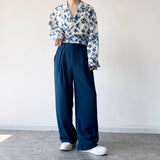 Vintage Blue Casual Suit Pant Men Fashion Loose Wide Leg Trousers Man Korean Streetwear Straight Suit Pants Male