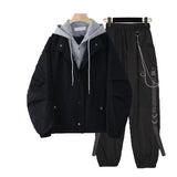 Foesce Spring New Streetwear Black 2 Piece Set Harajuku Loose Hooded Single Breasted Jacket+Handsome Cargo Pants Two Piece Outfits