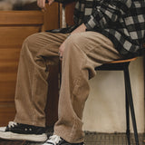 Foesce Maden Japanese Retro Loose Corduroy Pants Wide Leg Mid Waist Striped Velvet Straight Trousers Men's Winter Casual  Cargo Pants