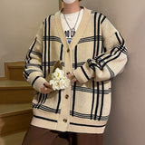 V Neck Knitted Cardigan for Men Casual Plaid Sweaters Korean Fashion Single-breasted Tops Mens Loose Knitwear Pullover