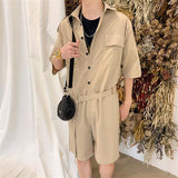 Men's Overalls Jumpsuits Summer Fashion Casual Nine Point Cargo Pants Japanese Retro Male Clothes Couple Loose Solid Color Suit