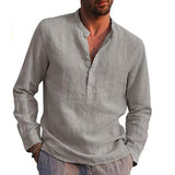 Cotton Linen Hot Sale Men's Long-Sleeved Shirts Summer Solid Color  Stand-Up Collar Casual Beach Style Plus Size