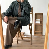 Men's Vintage BF Pleated Fabric Lapel Collar Shirts Loose Fashion Trend Solid Color Long Sleeve Clothes Shirts Size M-2XL