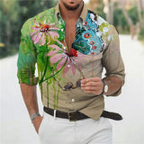 Foesce Hawaiian Butterfly Shirts For Men 3d Long Sleeve Flower Shirt Beach V-neck Oversized Tops Tee Shirt Homme Summer Clothing