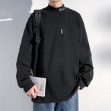 Foesce Men's Long T-shirts Half Turtleneck Embroidery Single Pocket Hoodie Loose Casual Couples Double Sided Velvet Material Sweatshirt