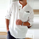 Fall Leisure Solid Cotton Linen Tops Men Vintage Stand Collar Buttoned Pullover Spring Mens Fashion Loose Long Sleeve Shirt