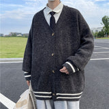 V Neck Knitted Cardigan for Men Casual Plaid Sweaters Korean Fashion Single-breasted Tops Mens Loose Knitwear Pullover
