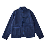Vintage Indigo Tang Suit Jacket Men Autumn Winter New Multi-pocket Long Sleeve Jacket Cotton Chinese Traditional Cardigan Coat