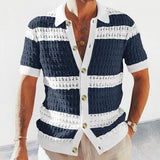 Foesce Casual Elegant Contrast Color Knitted Short-sleeved Shirt Men's Summer Slim Single-breasted Color Matching Hollow Lapel Top