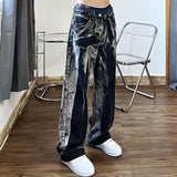 Baggy Black Jeans Women Tie Dye Washed Straight Wide Leg Pants High Waist Goth Vintage Streetwear Denim Casual Hippie Trousers