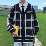 V Neck Knitted Cardigan for Men Casual Plaid Sweaters Korean Fashion Single-breasted Tops Mens Loose Knitwear Pullover