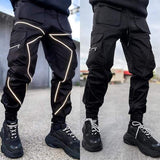 Joggers Cargo Pants Reflective Stripe Fashion Streetwear Hip Hop Sweatpants Black White Patchwork Hipster Mens Trousers
