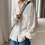 Foesce Shirts for men Apricot Handsome Lapel Men Blouse Vacation Hollow Out Sexy Fashion Men Clothing Male Mesh Long-sleeved Shirts