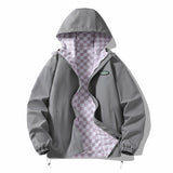 Autumn Oversize Reversible Jacket Men Hooded Windbreaker Fashion Causal Street Zip Up Coat Checkerboard Outerwear Clothing Male