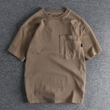 Foesce Solid short sleeve t-shirt men's double pocket loose shoulder Half Sleeve T-Shirt Top