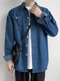 Spring New Button Pockets Men's Blue Denim Shirt Husband Fashion Long Sleeve Solid Cotton Slim Casual Shirts for Men
