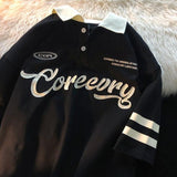 Foesce Vintage Short Sleeve Tees for Men  Summer New  Collar American Letter Baggy Women T-shirt Student  Button Preppy Tops