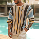 Mens Striped Knitted Sweater Pullover Tops Fashion O Neck Half Sleeve Street Blouse Summer Hollow Out Loose Casual Jacquard Tops