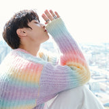 Korean Fashion High Quality Gradient Tie-dye Loose Rainbow Sweater Men Autumn New Casual Loose Striped Harajuku Sweater